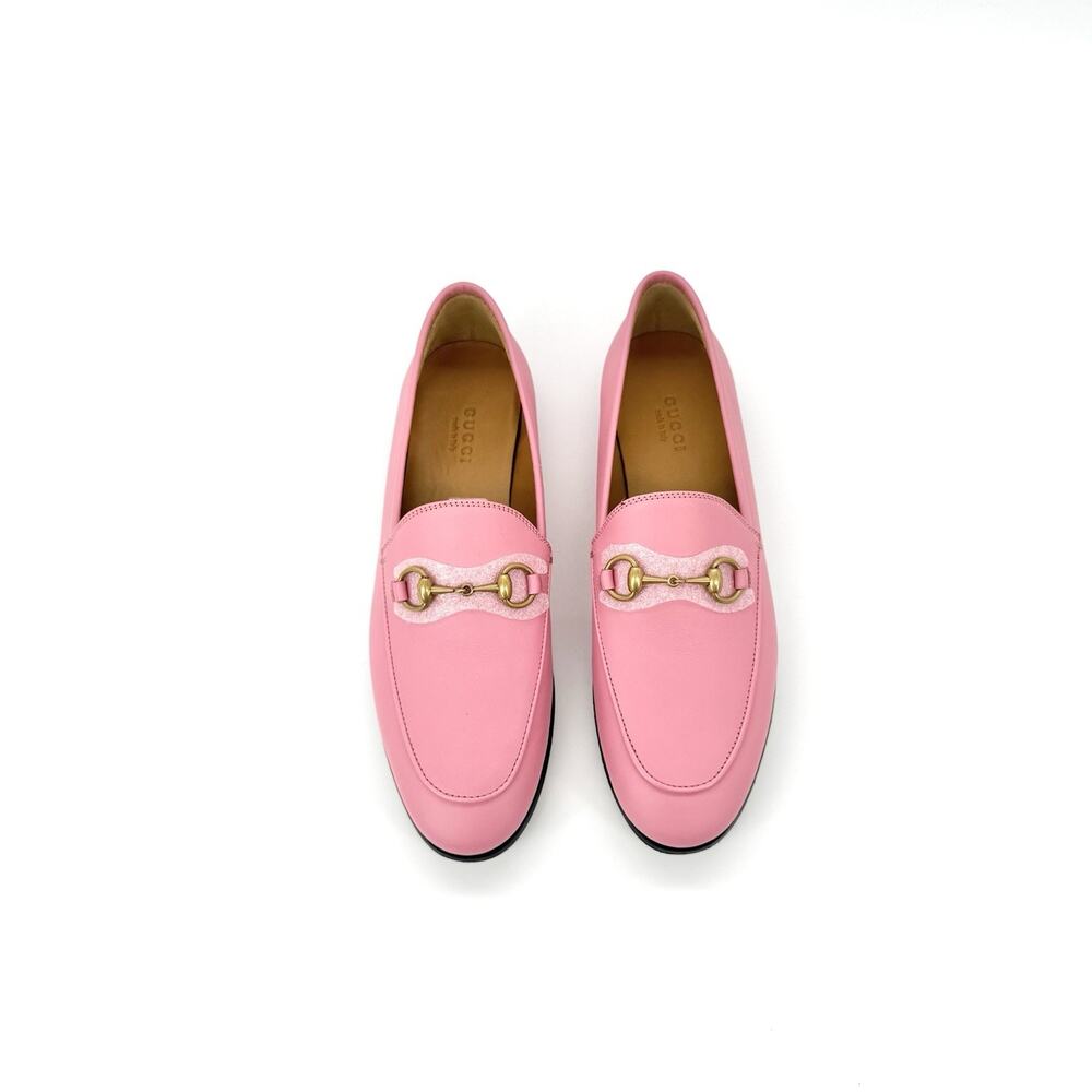 NIB Gucci Jordaan EU 37 US 7 Butterfly Pink Leather Gold Horsebit Flat Loafer - Picture 4 of 15